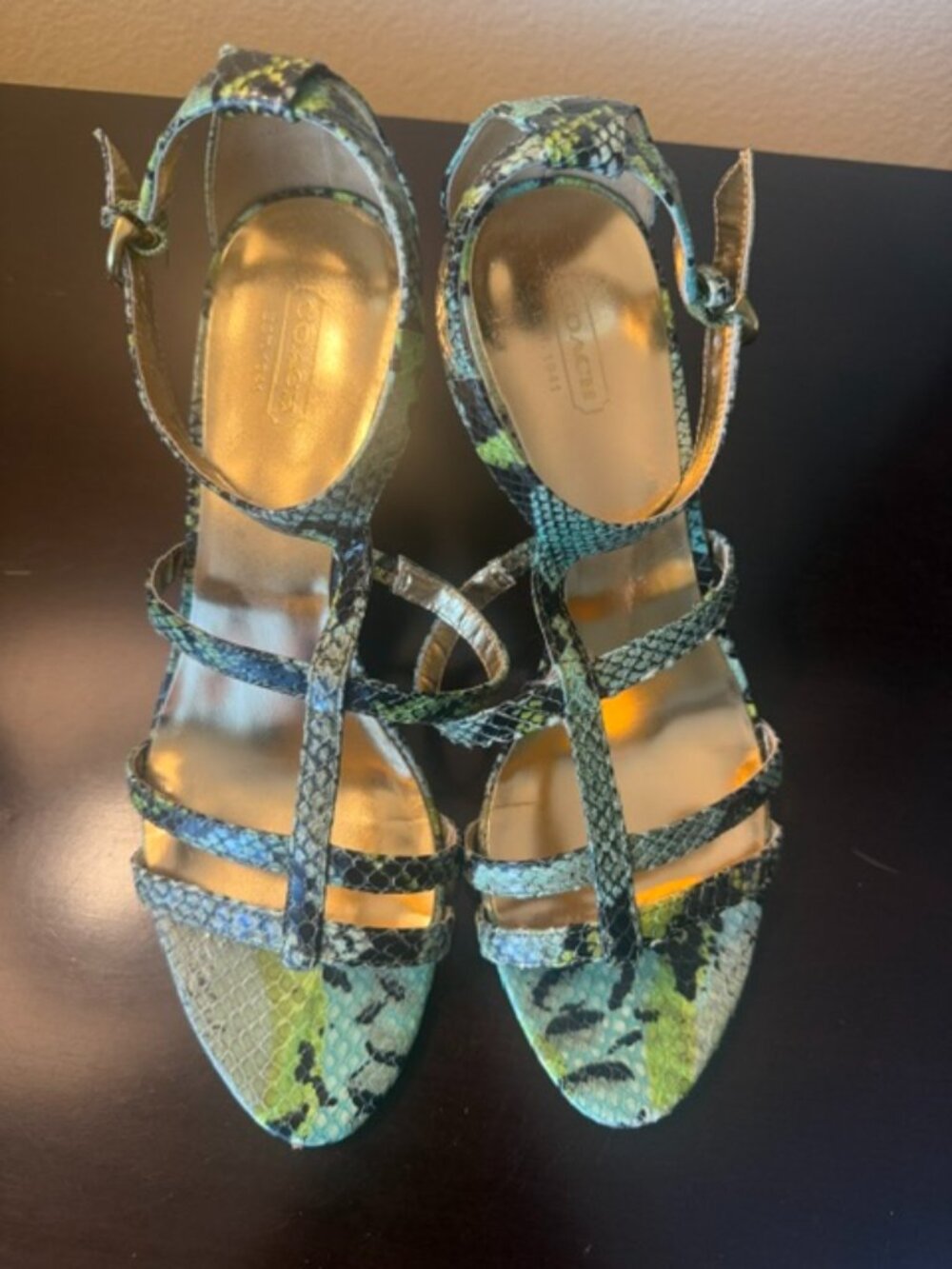 coach strappy heels kitten multicolor snake skin embossed